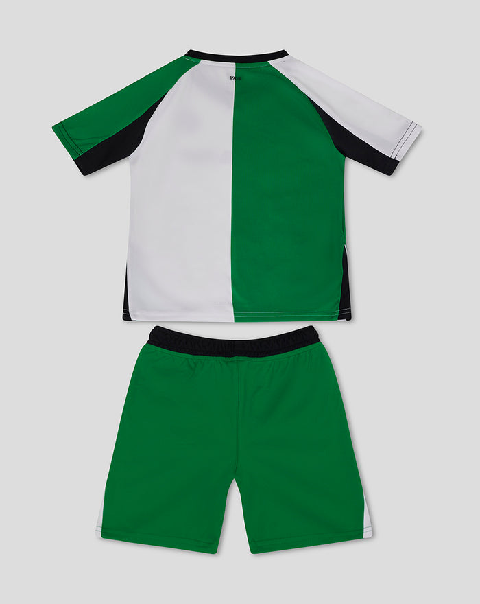 Kids Feyenoord third kit set featuring a green and white block shirt and green shorts with club logos.