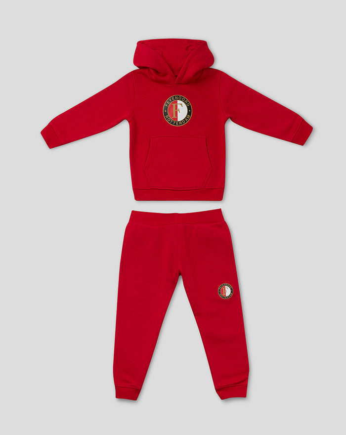 Red Feyenoord Core kids hoodie and joggers set laid flat with a central chest logo