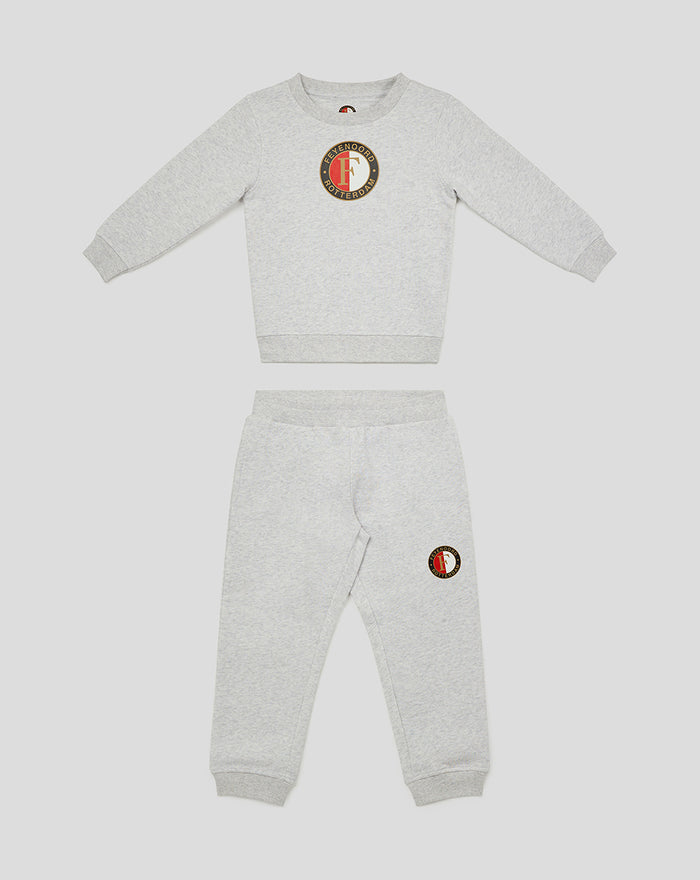 Grey Feyenoord kids sweater and joggers set with circular club badge on chest and thigh