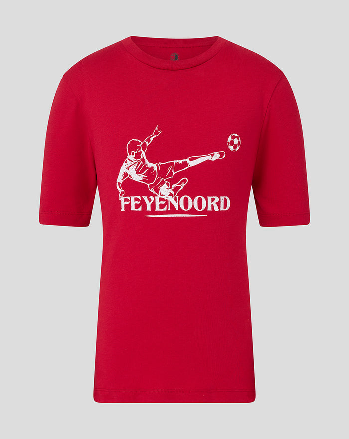 Front view of red Feyenoord Volley T-Shirt 2025-2026 junior with a white kicking figure and FEYENOORD text