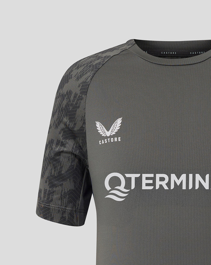 Upper chest detail of the gray Feyenoord training shirt showing the Castore logo and partial TERMINALS branding