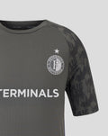 Front close-up of a dark gray Feyenoord Coaches Training T-Shirt with the Feyenoord crest and Castore logo and TERMINALS across the chest