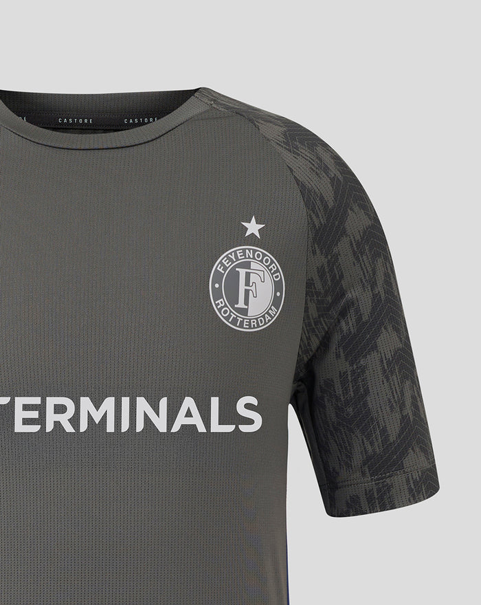 Front close-up of a dark gray Feyenoord Coaches Training T-Shirt with the Feyenoord crest and Castore logo and TERMINALS across the chest