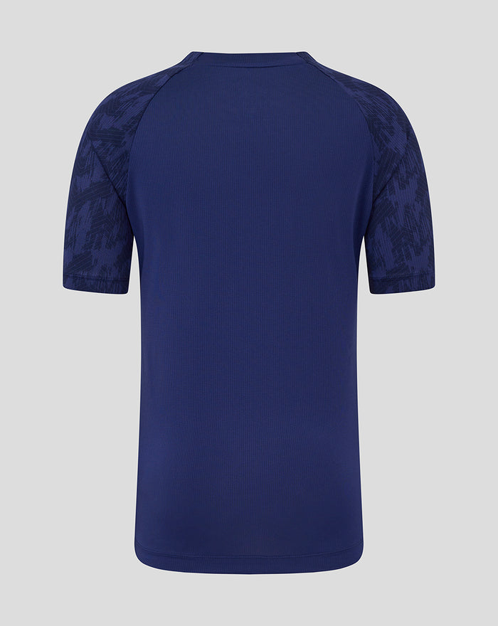 Back view of navy Feyenoord training T-shirt with patterned sleeves and no visible logos.