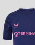 Close-up of navy Feyenoord training T shirt with pink Castore logo on the right chest and pink sponsor text across the front