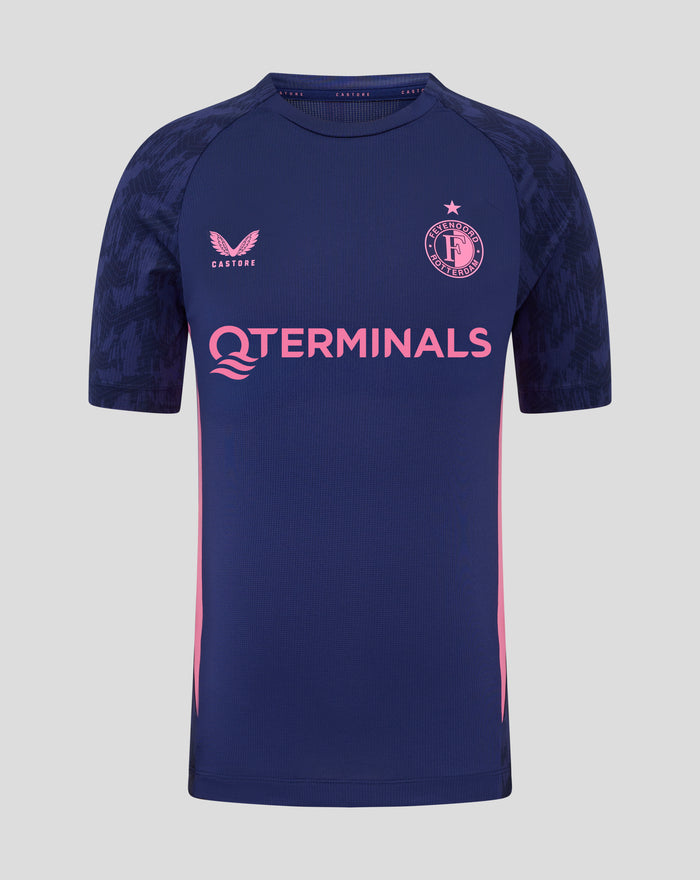 Navy Feyenoord Spelers Training T-shirt with pink Castore logo on the left chest and pink Feyenoord crest on the right.