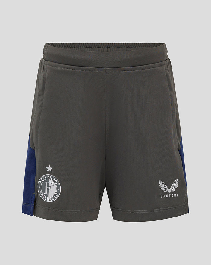 Front view of dark gray Feyenoord training shorts with blue side panels and team logos on the legs
