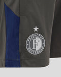 Close up on the leg showing the Feyenoord badge star and Castore logo beside a blue side panel
