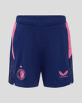 Front view of blue Feyenoord players training shorts with pink side panels and left leg Feyenoord crest and right leg Castore logo.