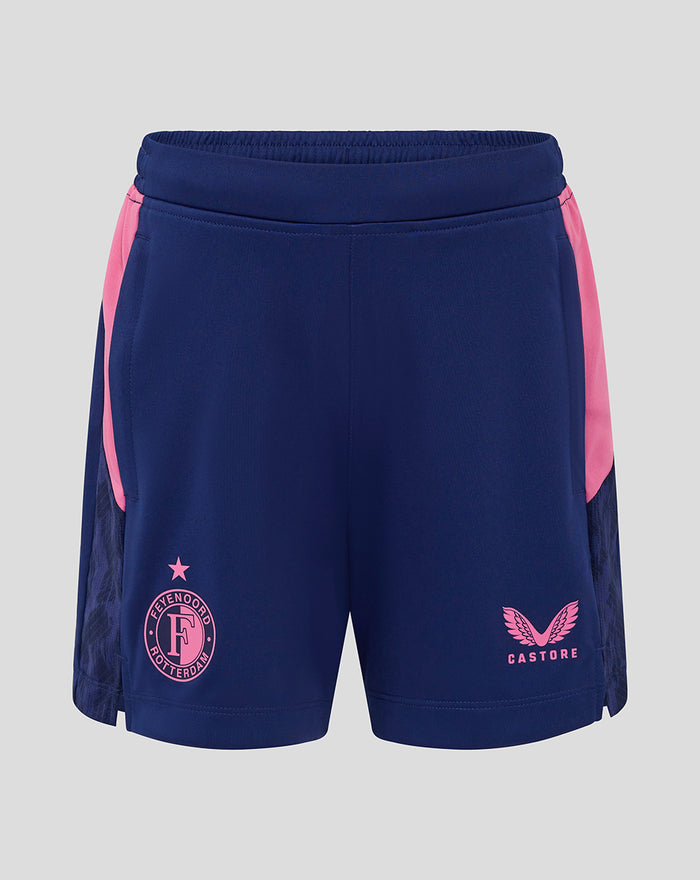 Front view of blue Feyenoord players training shorts with pink side panels and left leg Feyenoord crest and right leg Castore logo.
