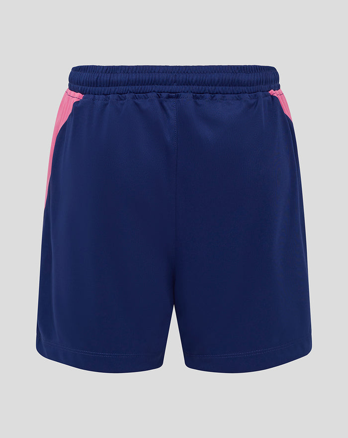 Back view of navy Feyenoord training shorts with pink side panels and elastic waistband.