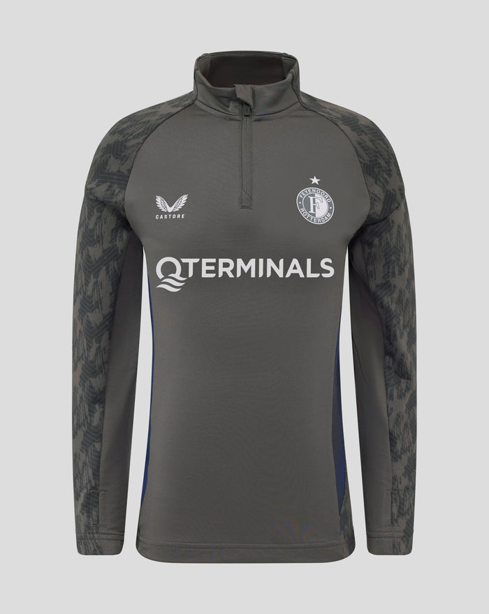 Front view of Feyenoord Coaches Training Midlayer Top with funnel neck, quarter zip, long sleeves, and logos on chest.