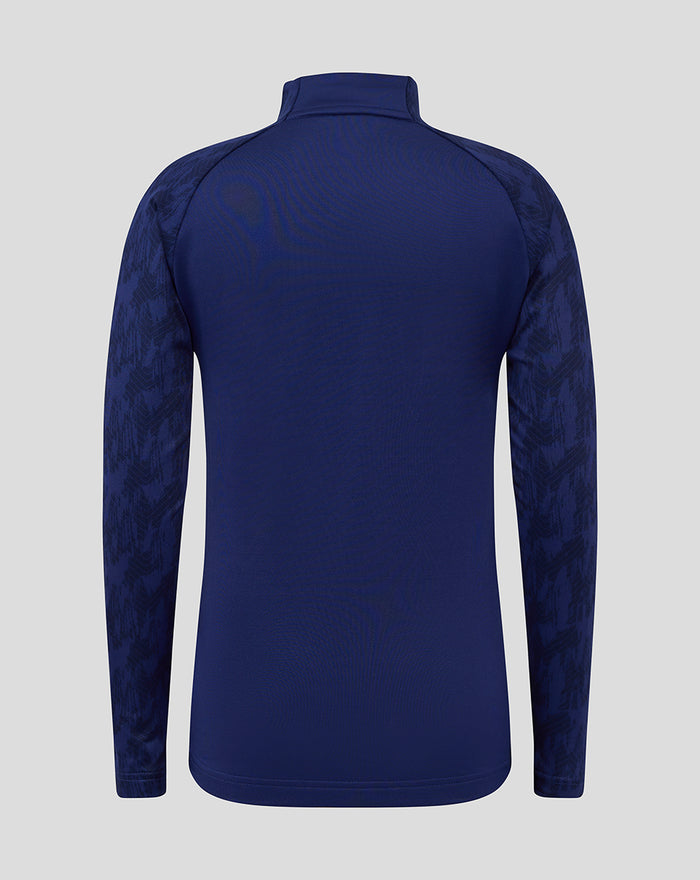 Back view of a blue Feyenoord training midlayer top for juniors with a stand up collar and patterned sleeves