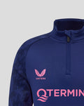 Close-up of blue Castore training top with pink logo on the chest and large pink lettering across the front
