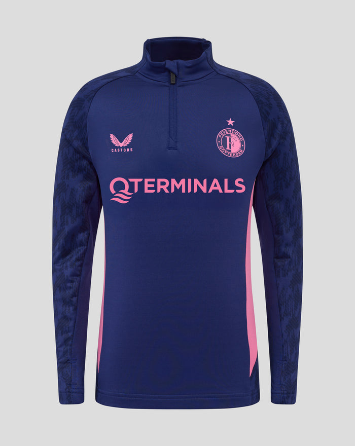 Front view of a blue Feyenoord training midlayer top with pink accents, funnel neck and zip; left chest crest, right Castore logo.