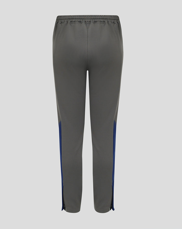 Back view of dark grey Feyenoord training pants with elastic waistband and contrasting blue side panels