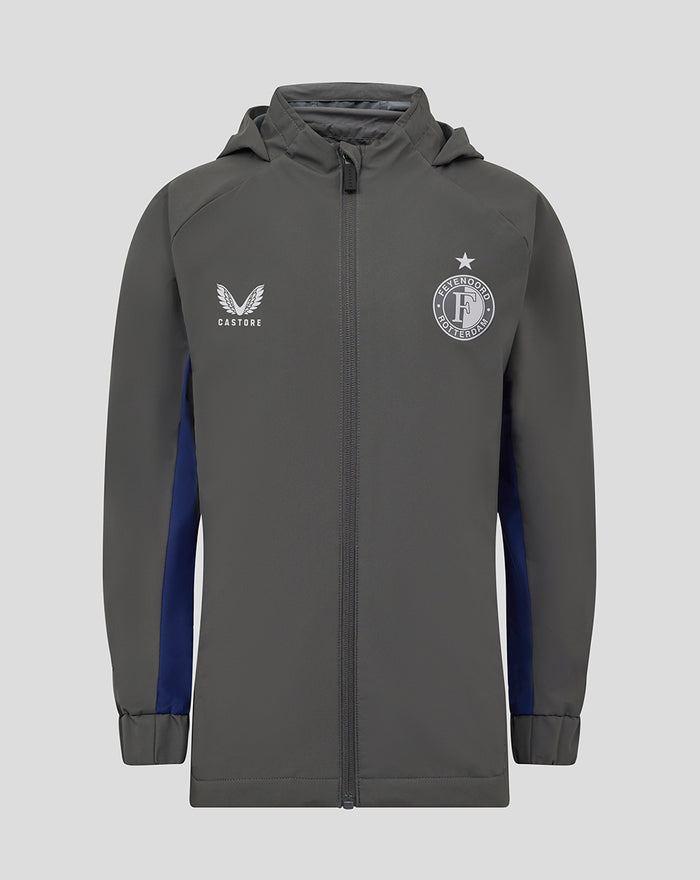 Front view of a grey Feyenoord training regenjas for juniors with hood full zip crest on left chest and Castore logo on right