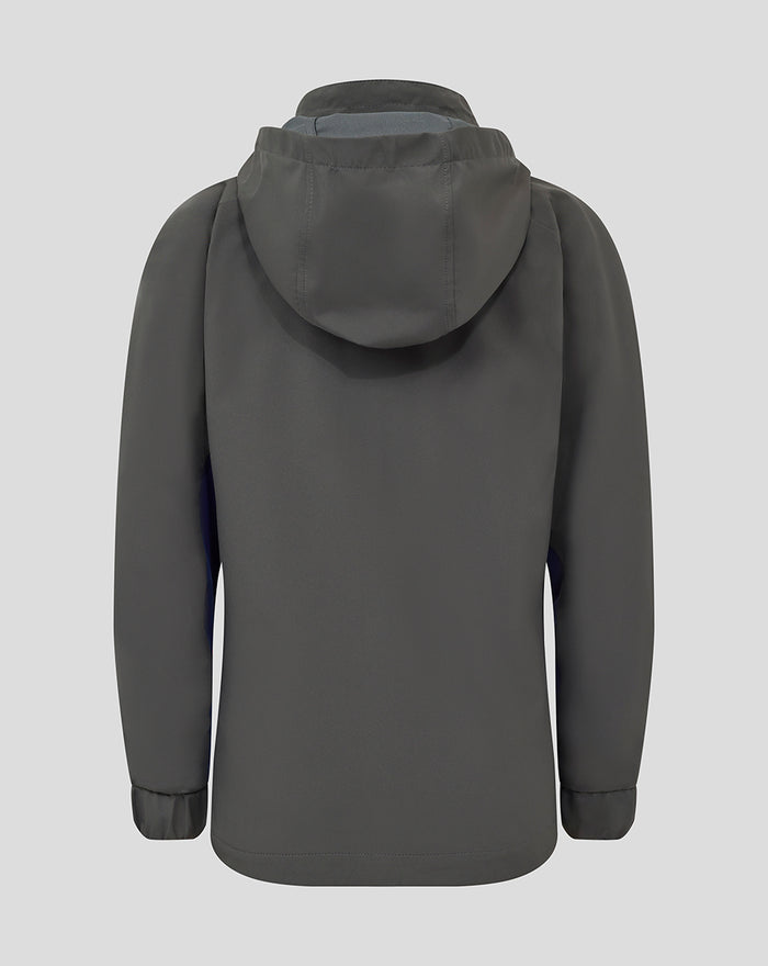 Back view of a grey hooded Feyenoord training regenjas for juniors with blue side panels