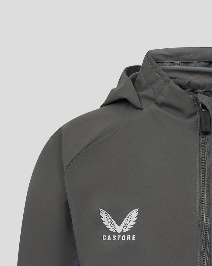 Front view near the zipper of the grey Feyenoord training jacket showing Castore branding on the zipper pull
