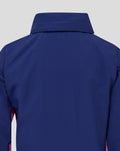 Back view of blue Feyenoord junior training rain jacket with hood.