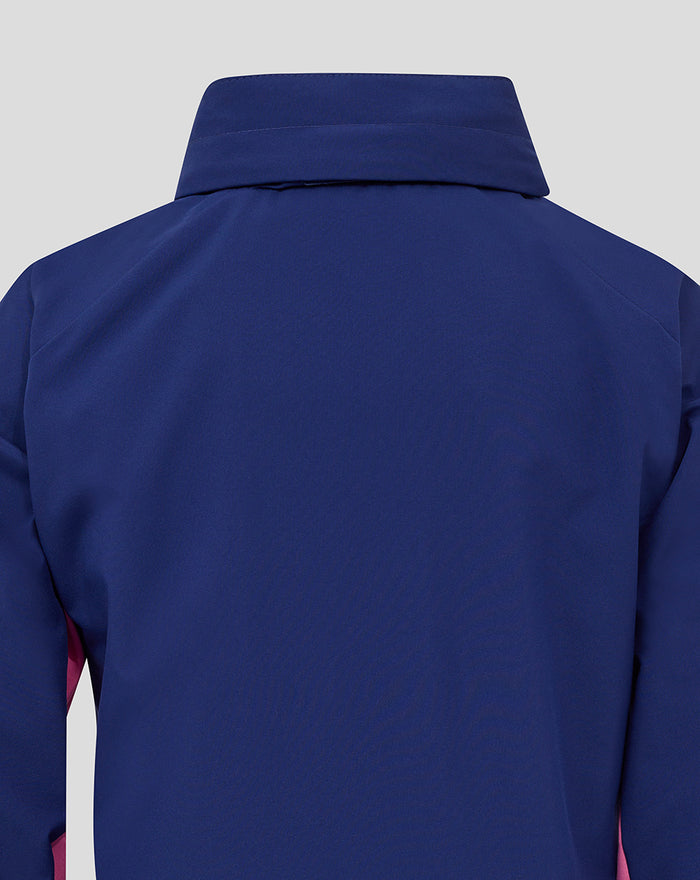 Back view of blue Feyenoord junior training rain jacket with hood.