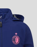 Blue Feyenoord junior training rain jacket with pink logo on the chest.