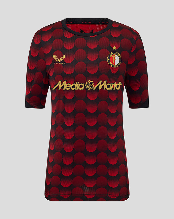 Feyenoord home matchday T shirt with red dotted pattern crest on chest and gold Media Markt logo.