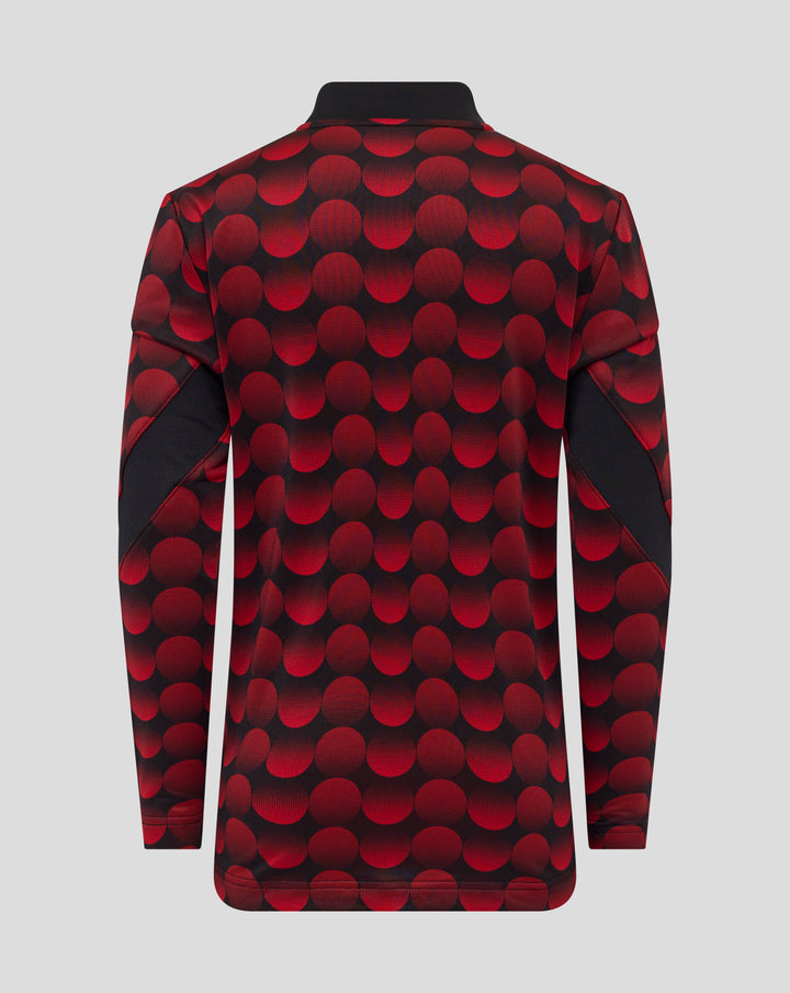 Back view of Feyenoord home matchday midlayer top for juniors with red circle pattern and black collar