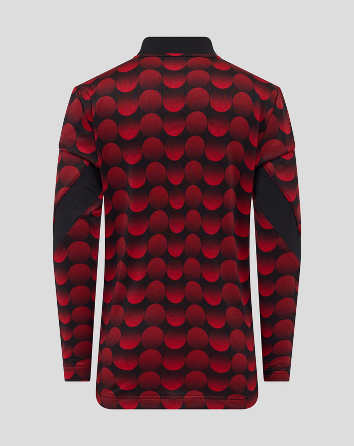 Back view of Feyenoord home matchday midlayer top for juniors with red circle pattern and black collar