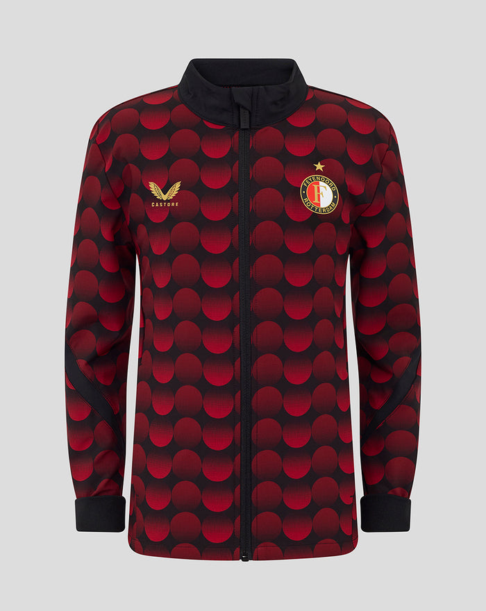 Junior Feyenoord home matchday jacket with red and black dotted pattern and Castore logo and Feyenoord crest