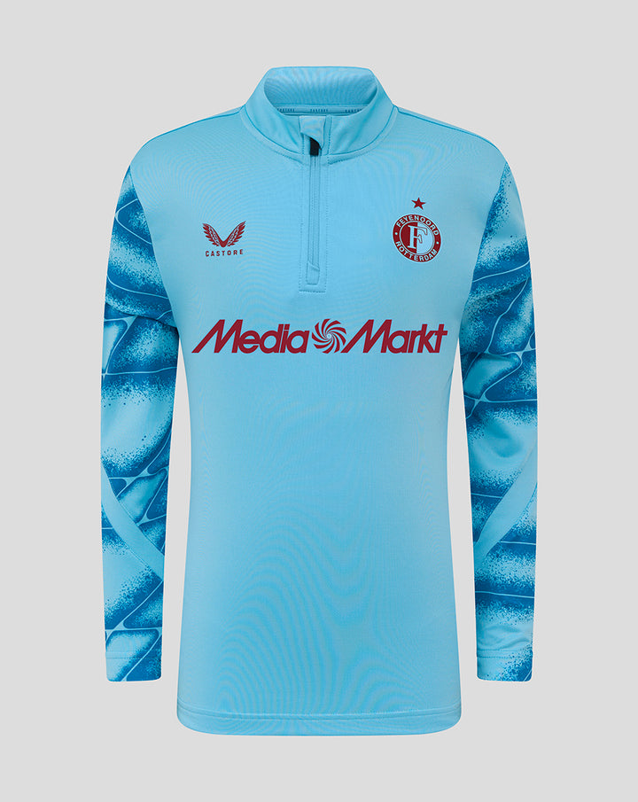 Front view of Feyenoord third Matchday Midlayer Top 2025-2026 junior in light blue with darker blue sleeve print, crest on chest and Media Markt branding