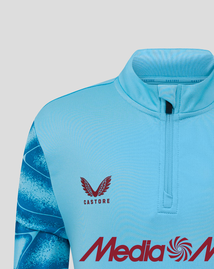 Close-up of light blue midlayer chest with Feyenoord crest and bold MediaMarkt branding across front
