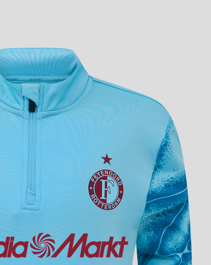 Close-up of light blue midlayer collar with zipper and Castore branding; partial Feyenoord crest visible