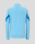 Back view of a light blue junior Derde Matchday jacket with smooth collar and blue sleeve panels.