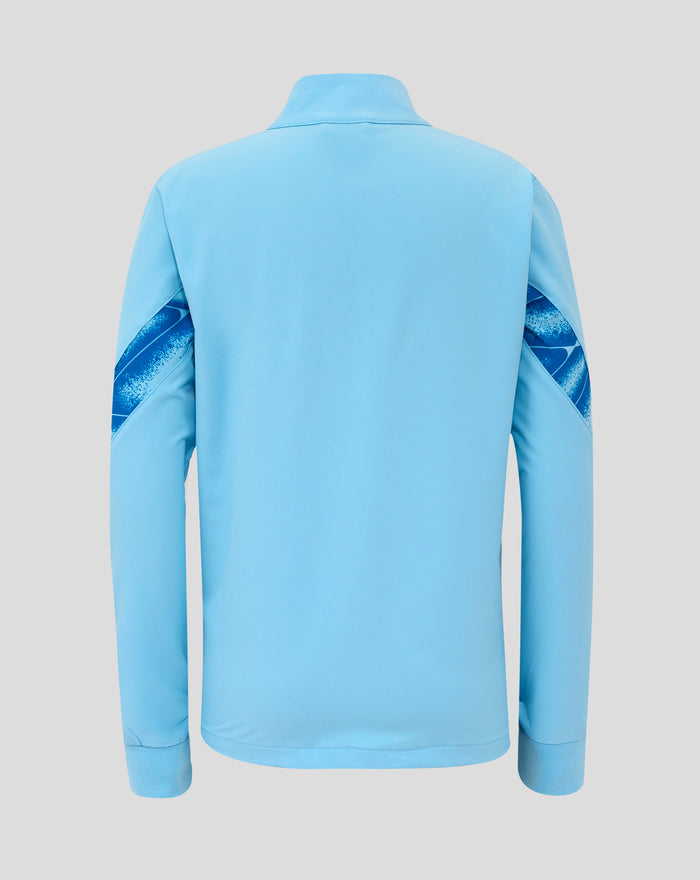 Back view of a light blue junior Derde Matchday jacket with smooth collar and blue sleeve panels.
