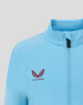 Close-up of light blue Feyenoord third matchday jacket collar showing Castore branding and full-length zipper