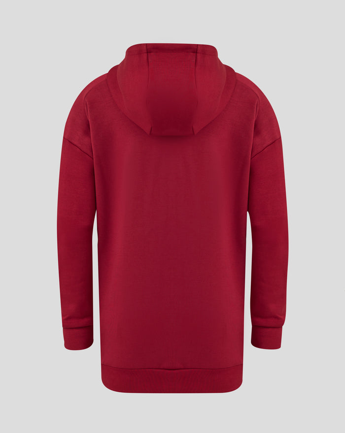 Rear view of red Feyenoord Travel Hoody with hood up, plain front and neat stitching.