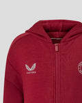 Close-up of a red Feyenoord Travel Hoody hood with zipper and visible interior neck lining.