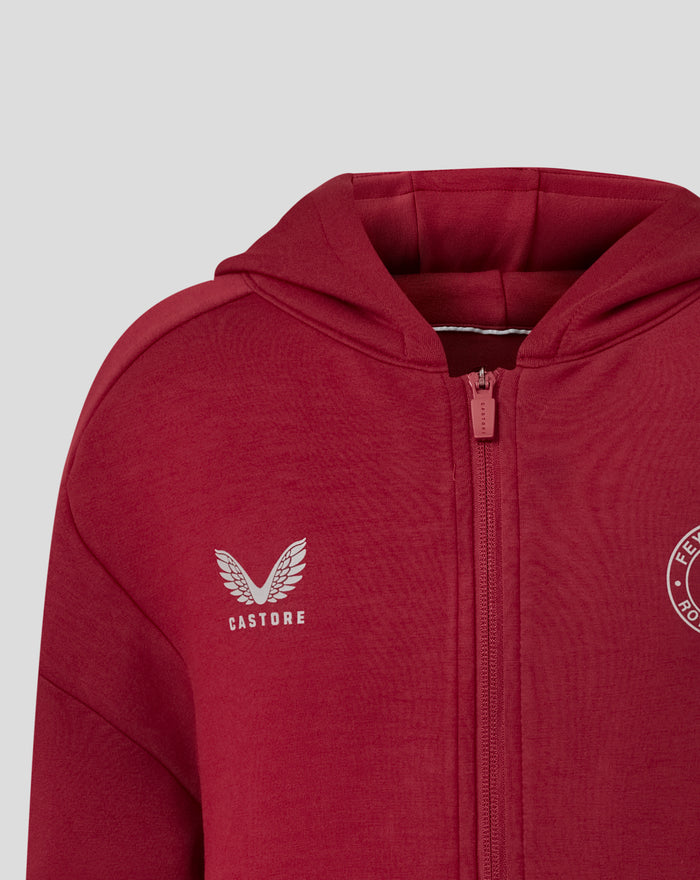 Close-up of a red Feyenoord Travel Hoody hood with zipper and visible interior neck lining.