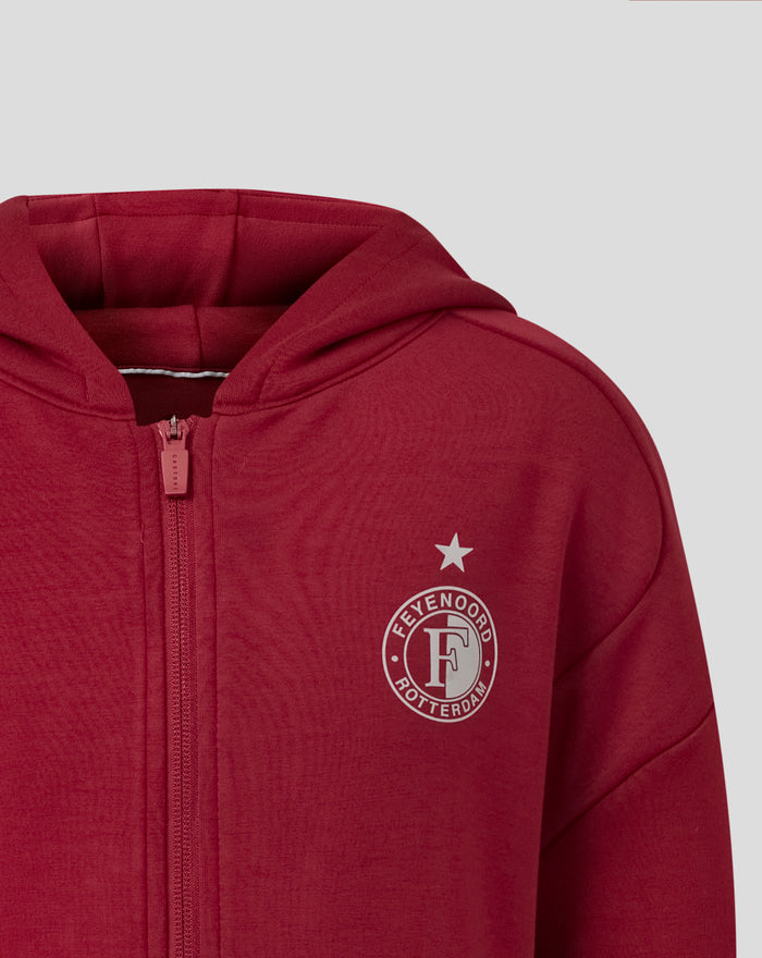 Close-up of red Feyenoord Travel Hoody showing hood and crest on the chest with a white star above.