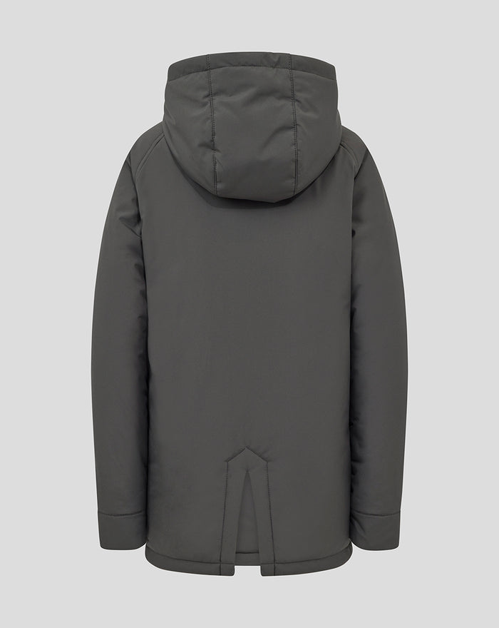 Back view of grey hooded training jacket