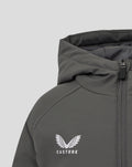 Close-up of grey hooded training jacket with front zipper and Castore zipper pull