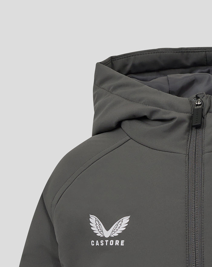 Close-up of grey hooded training jacket with front zipper and Castore zipper pull