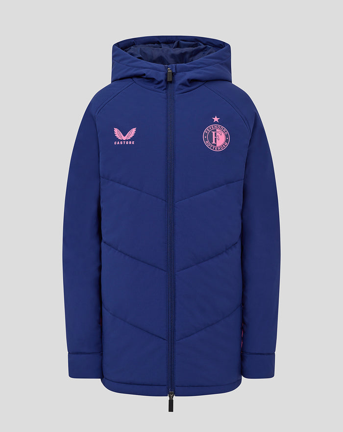 Front view of navy blue junior training jacket with pink Castore logo on the left chest and Feyenoord crest on the right