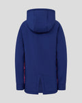 Back view of navy blue hooded junior training jacket with a central hem slit