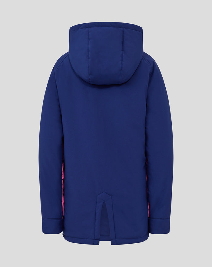 Back view of navy blue hooded junior training jacket with a central hem slit