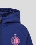 Blue Feyenoord training jacket close up of chest with pink Feyenoord Rotterdam crest and a pink star above