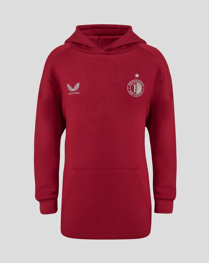 Front view of a red Feyenoord travel overhead hoody with white Castore logo on the left chest and the Feyenoord crest on the right.