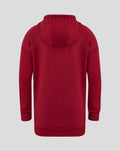 Back view of red junior Feyenoord travel overhead hoody with the hood up and a clean silhouette.