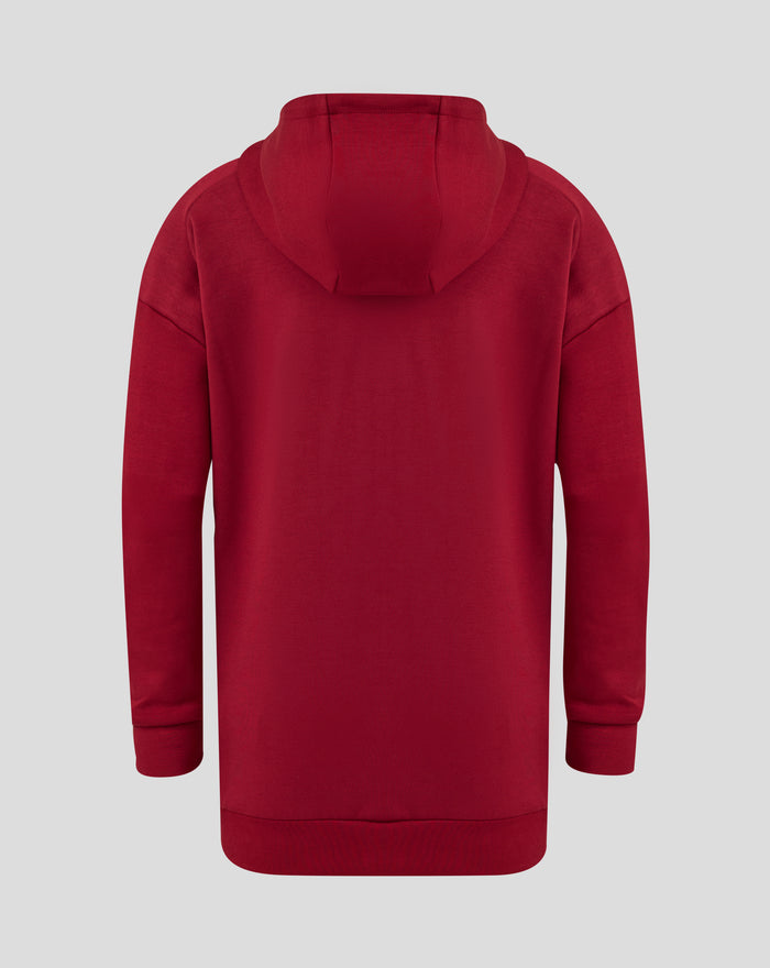 Back view of red junior Feyenoord travel overhead hoody with the hood up and a clean silhouette.